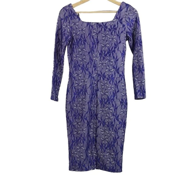 Miusol Cocktail Dress Blue Small White Overlay Square Neck Floral Lace Sheath - Picture 4 of 6